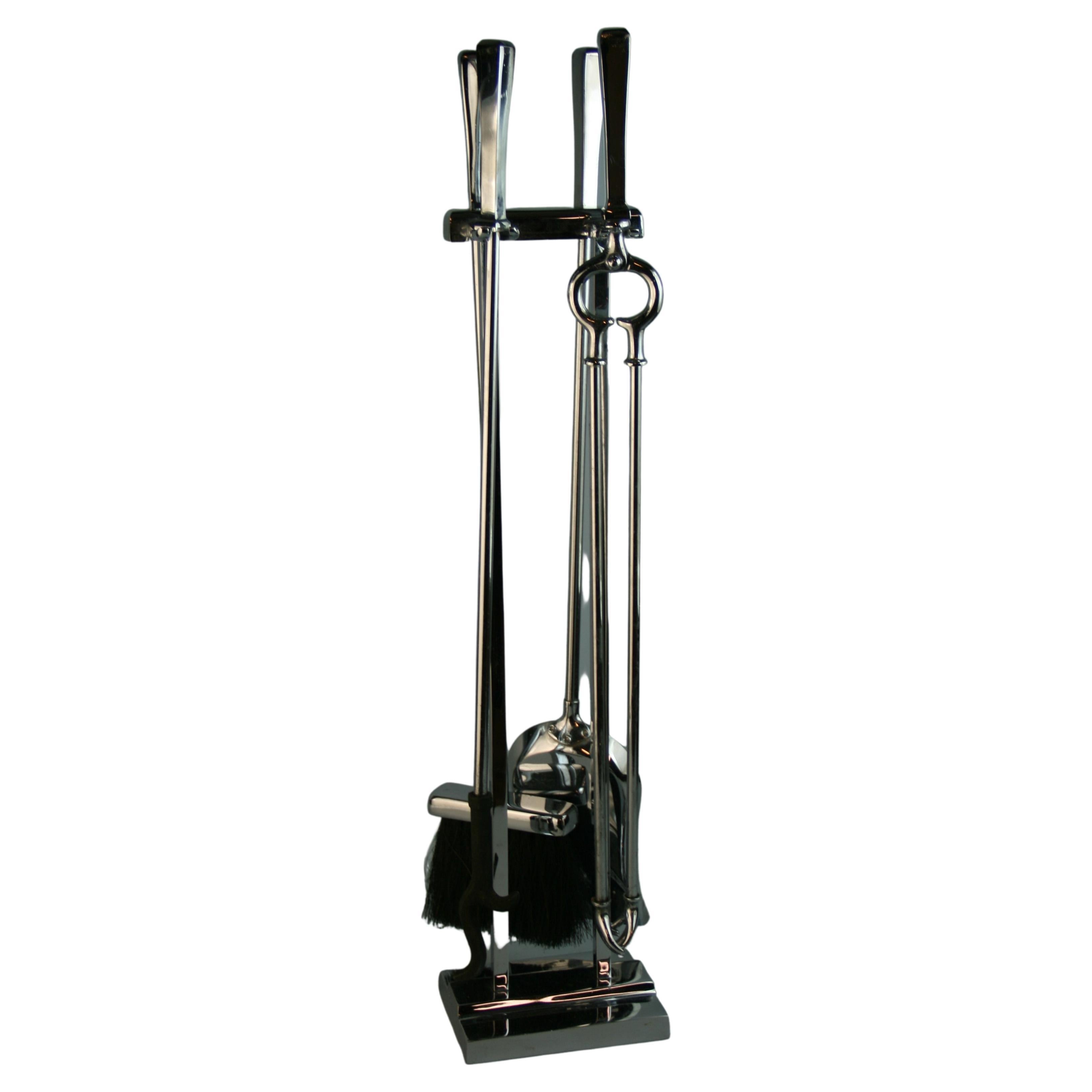 Fully Chromed  1960's Fire Place Tools and Stand In Good Condition For Sale In Douglas Manor, NY