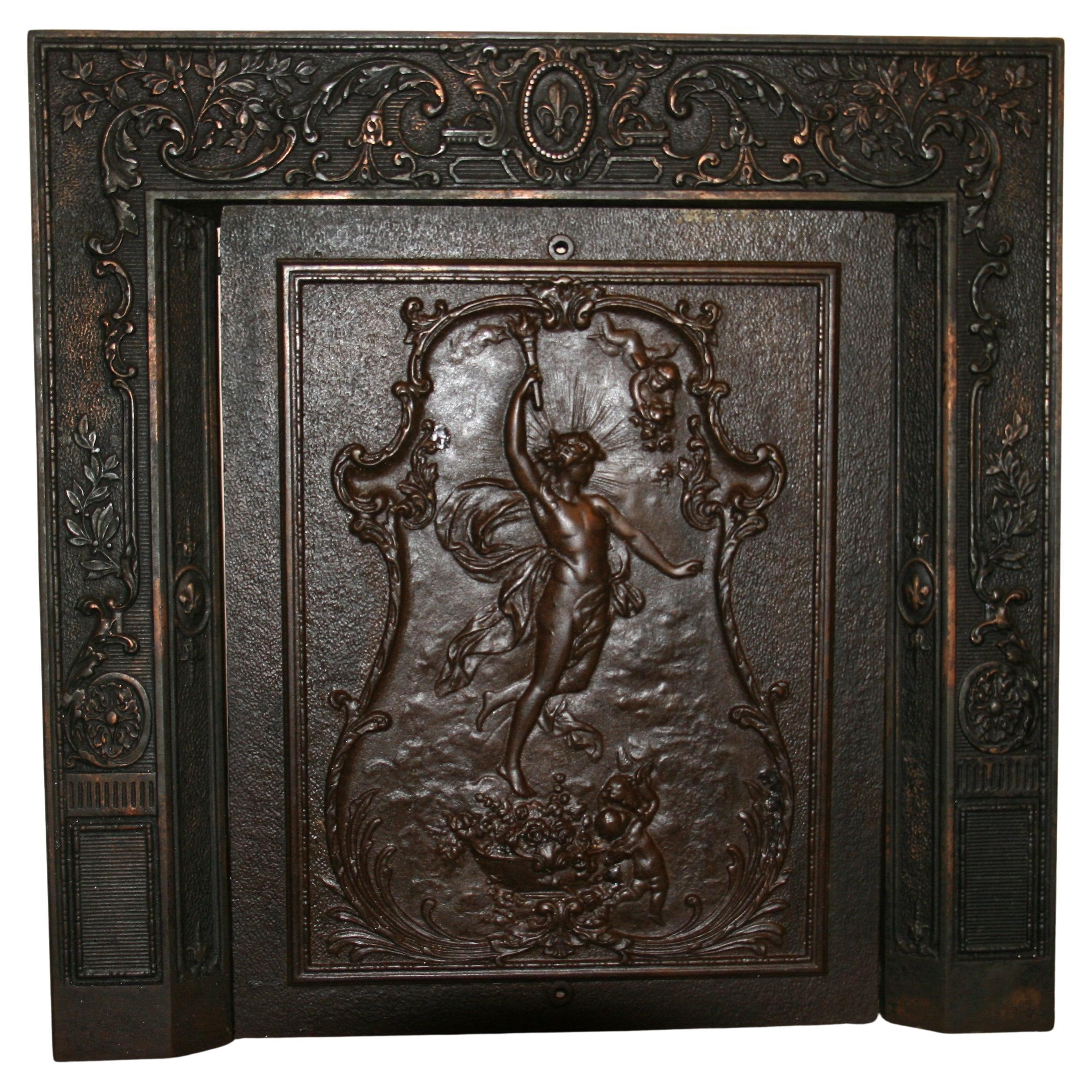 Antique English Figurative Fireback with Matching Fireplace Surround For Sale