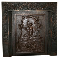 Antique English Figurative Fireback with Matching Fireplace Surround