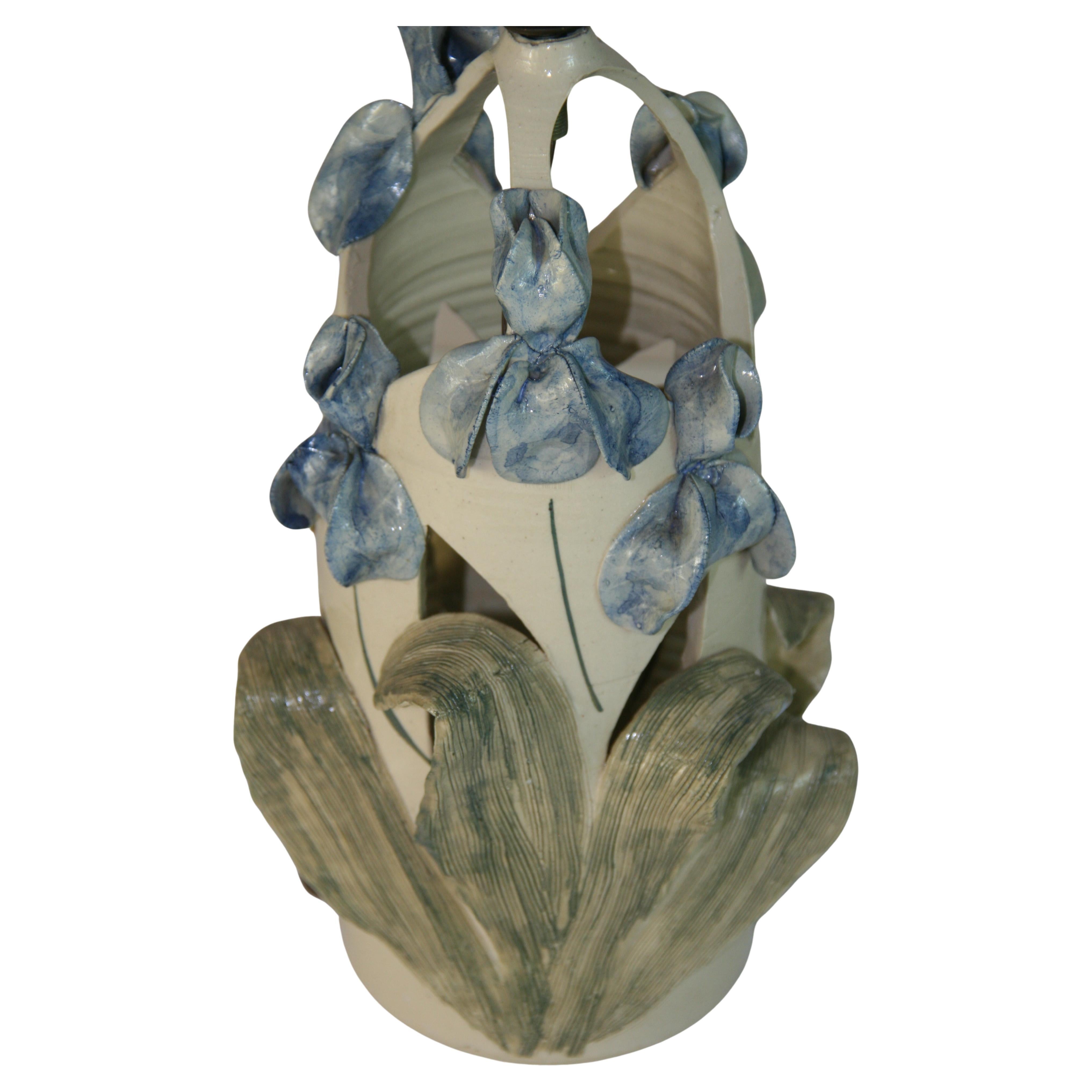 Vintage Italian Hand Made Ceramic Pale  Blue Flower and Leaves Table Lamp