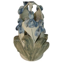 Vintage Italian Hand Made Ceramic Pale  Blue Flower and Leaves Table Lamp
