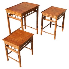 Antique Set of Three English Colonial Burnt Bamboo Stackable Tables