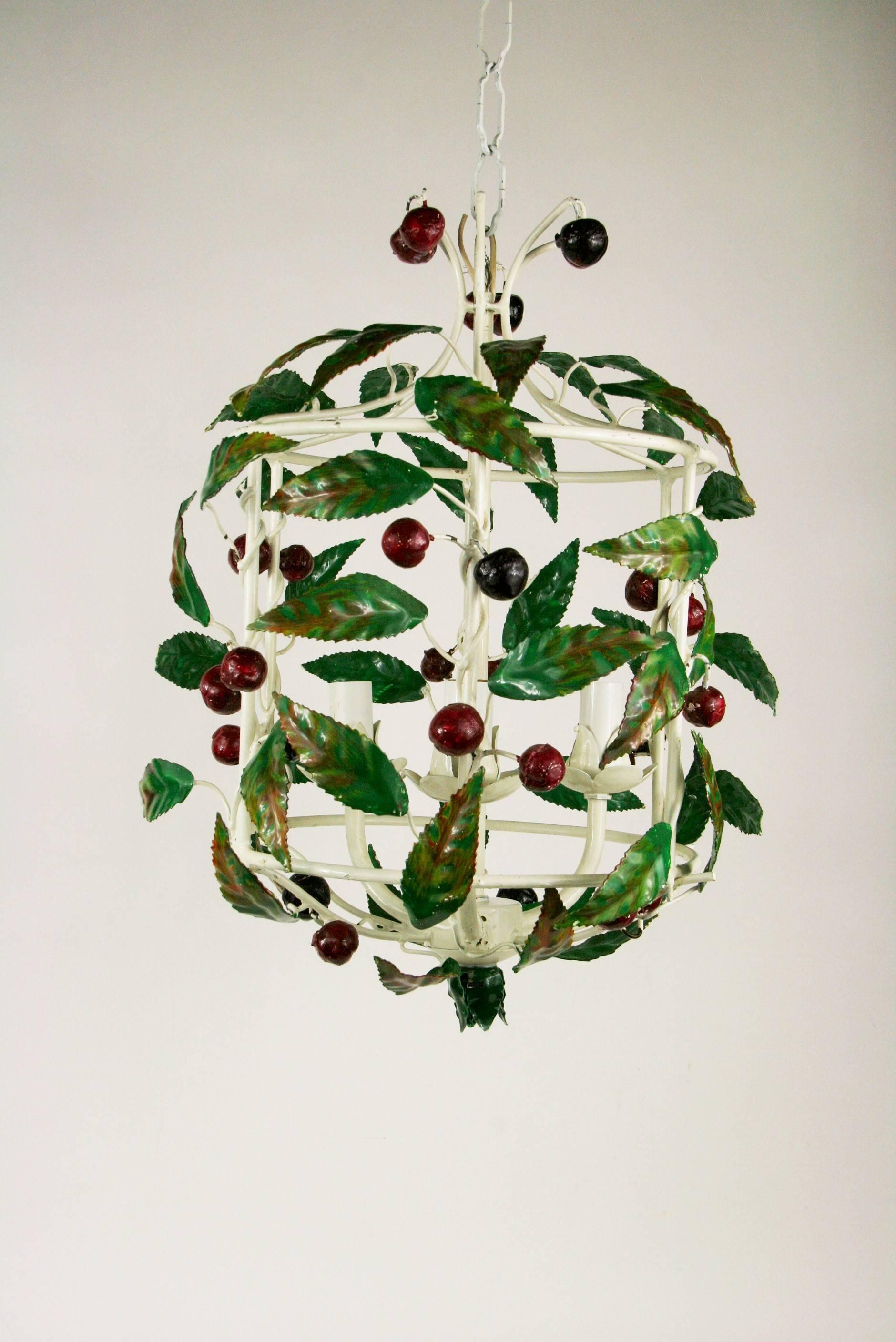 #1-2998 Italian foliate basket shape embellished with cherry. Three lights.
Newly rewired.
 
