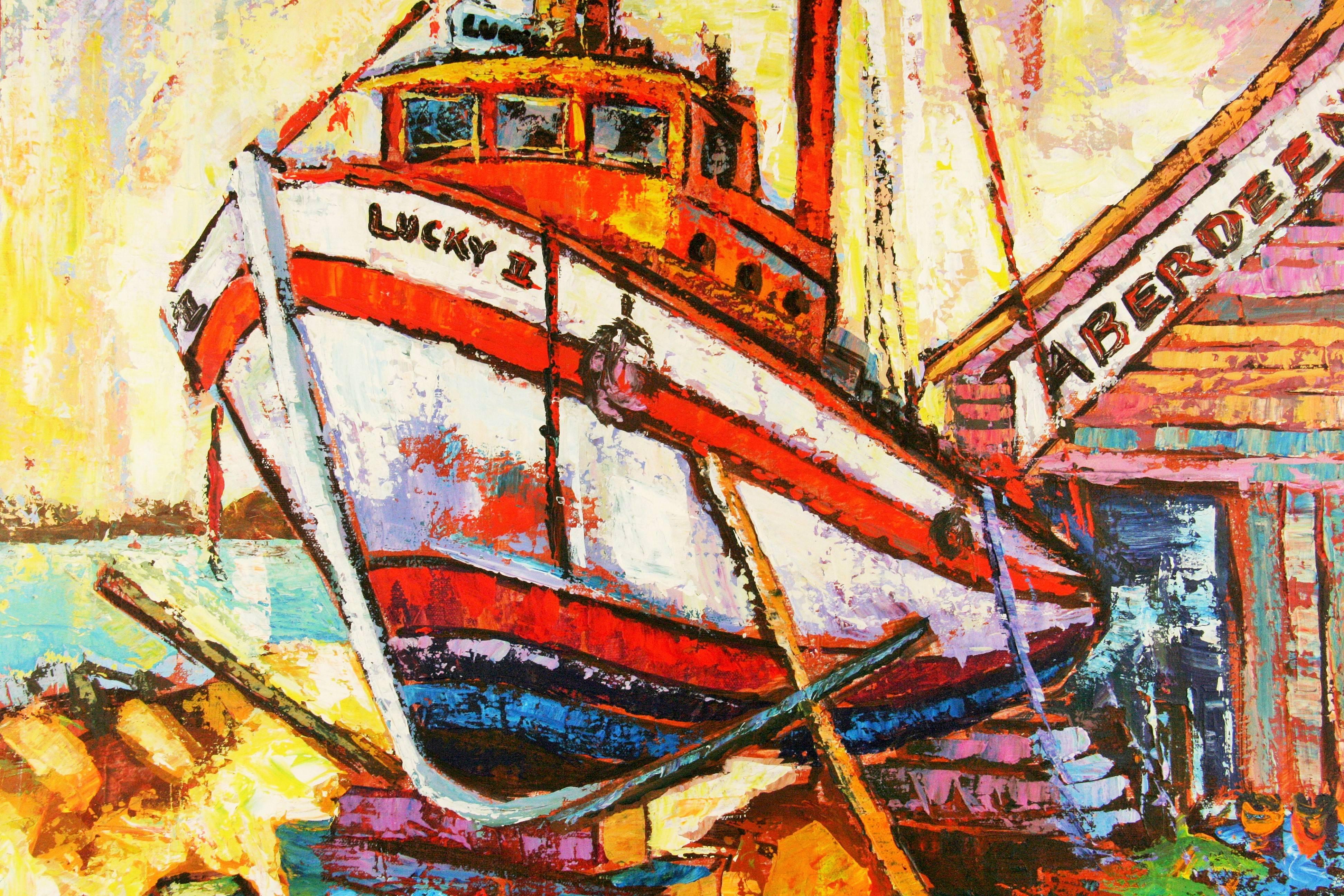 5-2408 Colorful acrylic abstract on canvas of a boat in dry dock by Newsom.
Unframed acrylic on stretched canvas