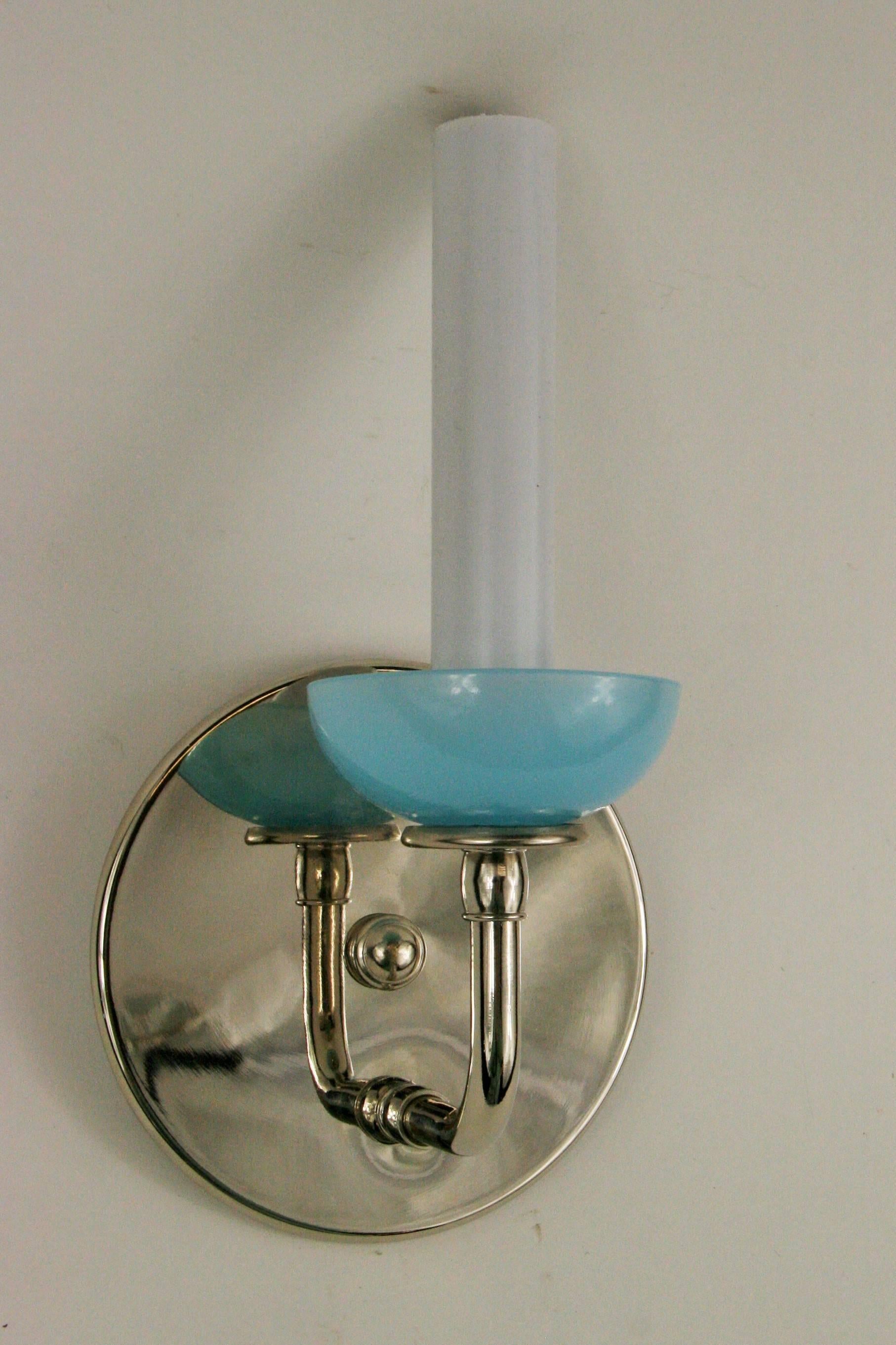 #2-1790, a pair of blue opaline glass -chrome single arm modern sconce.
NO ADDITIONAL DISCOUNTS