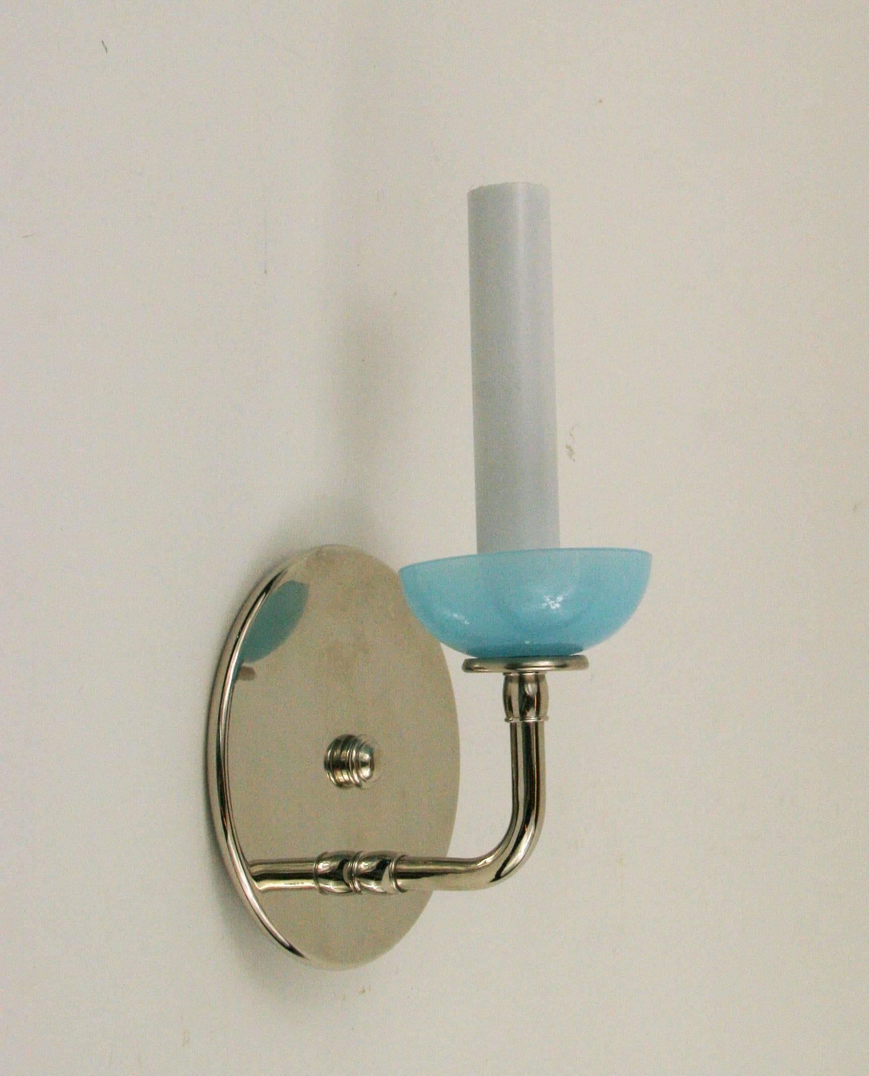 Late 20th Century ON SALE Pair of Blue Opaline Glass Sconces