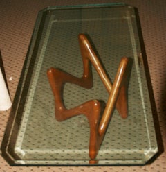 Coffee Table with Organic Shaped Wood Base and Thick Glass Top
