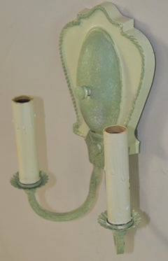 Pair Hand Painted Sage Green Two Light Sconces 1920's