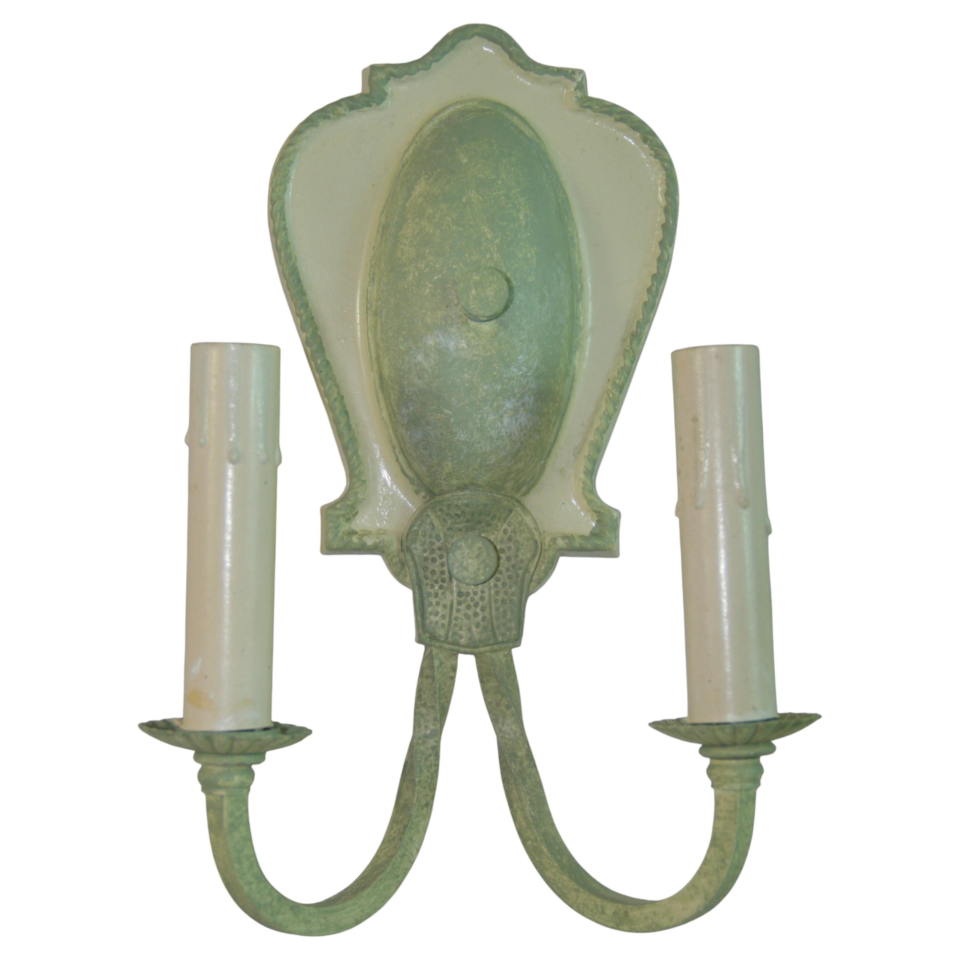 Pair Hand Painted Sage Green Two Light Sconces 1920's For Sale