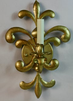 French Antique Single Light Sconces, Fleur de Lis Design, 1950s Pair