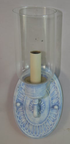 Vintage Nautical Blue and White Painted Brass Hurricane Sconces a Pair