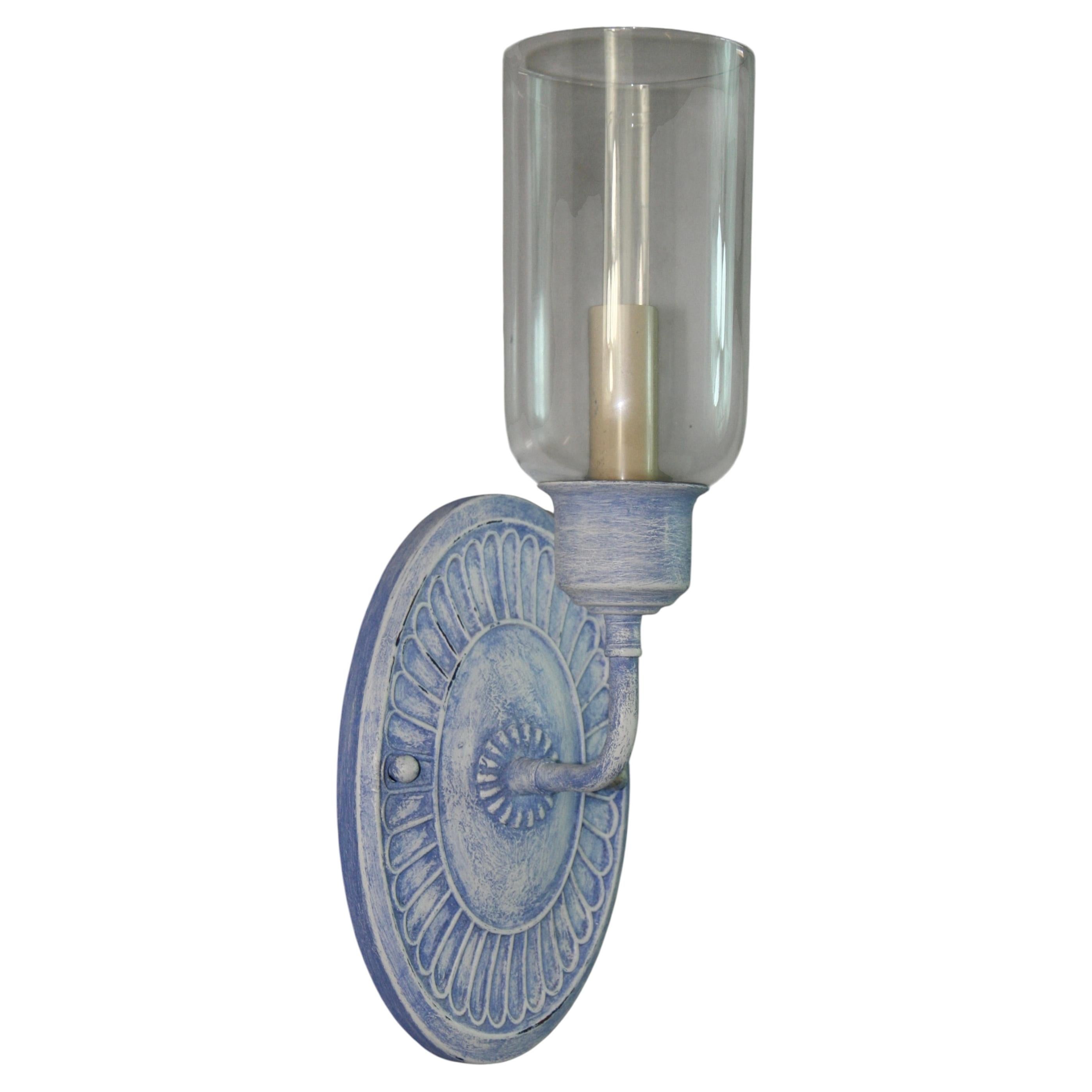 Vintage Nautical Blue and White Painted Brass Hurricane Sconces a Pair For Sale