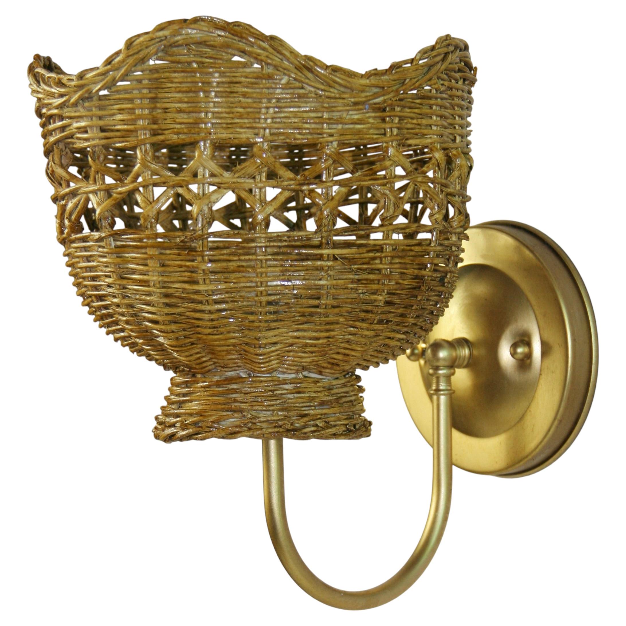 Pair of French Wicker and Brass Sconces For Sale