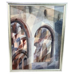 Dipinto architettonico a guazzo "Cubic", incorniciato