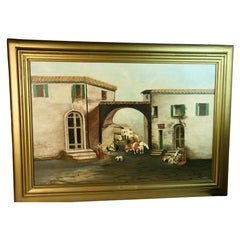 Peinture à l'huile ancienne de grand format représentant la vie dans un village rural italien, encadrée et signée