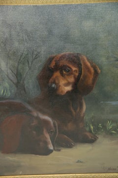 Cuadro de animales: pareja de perros salchicha, óleo sobre lienzo, de finales del siglo XIX aproximadamente
