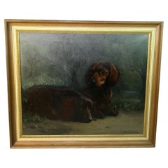 Cuadro de animales: pareja de perros salchicha, óleo sobre lienzo, de finales del siglo XIX aproximadamente