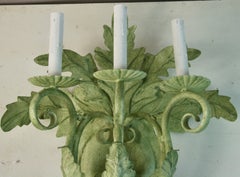 Pair of Large Moss Green Three Light Palm Frond Wall Sconces