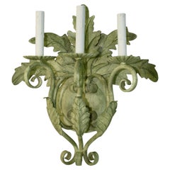 Pair of Large Moss Green Three Light Palm Frond Wall Sconces