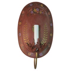 Vintage French Pair Oversized Tole Oval Hand Painted Floral Sconces