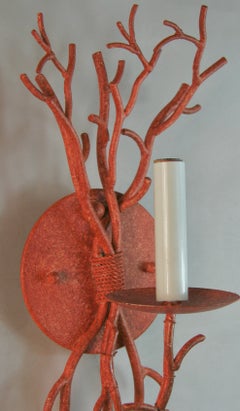 French Metal Wall Sconces, Red Coral Finish, Rewired, 1960s Design