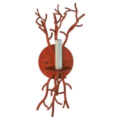French Metal Wall Sconces, Red Coral Finish, Rewired, 1960s Design