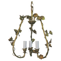 Italian Brass Flower and Leaves Three Light Pendant/ Chandelier