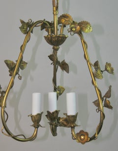 Italian Brass Flower and Leaves Three Light Pendant/ Chandelier