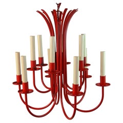 Mid Century Red Lacquered Iron Chandelier, 12 Lights, Vintage Design, 1960s