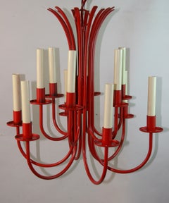 Mid Century Red Lacquered Iron Chandelier, 12 Lights, Vintage Design, 1960s