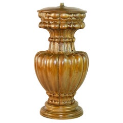 Pair of Italian Large Carved Walnut Wood Urn Lamps, Vintage Design, 1960's