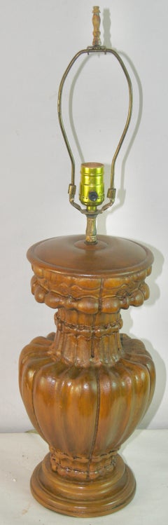 Pair of Italian Large Carved Walnut Wood Urn Lamps, Vintage Design, 1960's