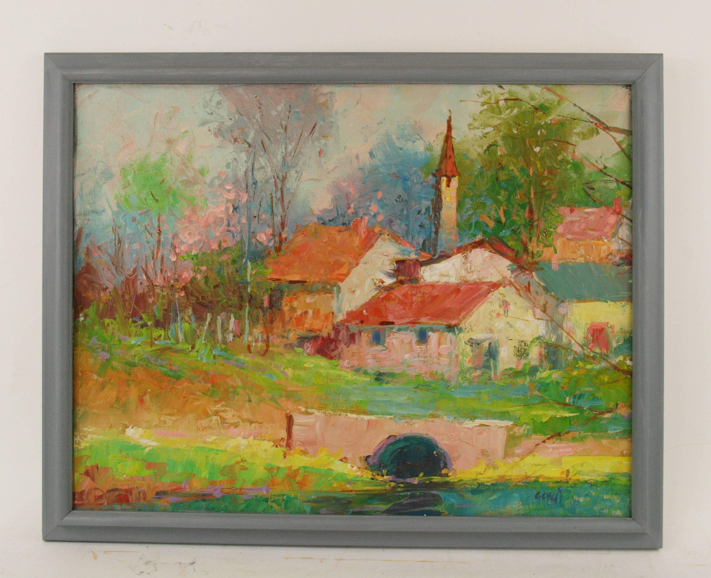 #5-2545 A French village, oil painting on artist board displayed in a gray painted wood frame. Signed lower right by Govi. Image size 13.5 H x 17 W.