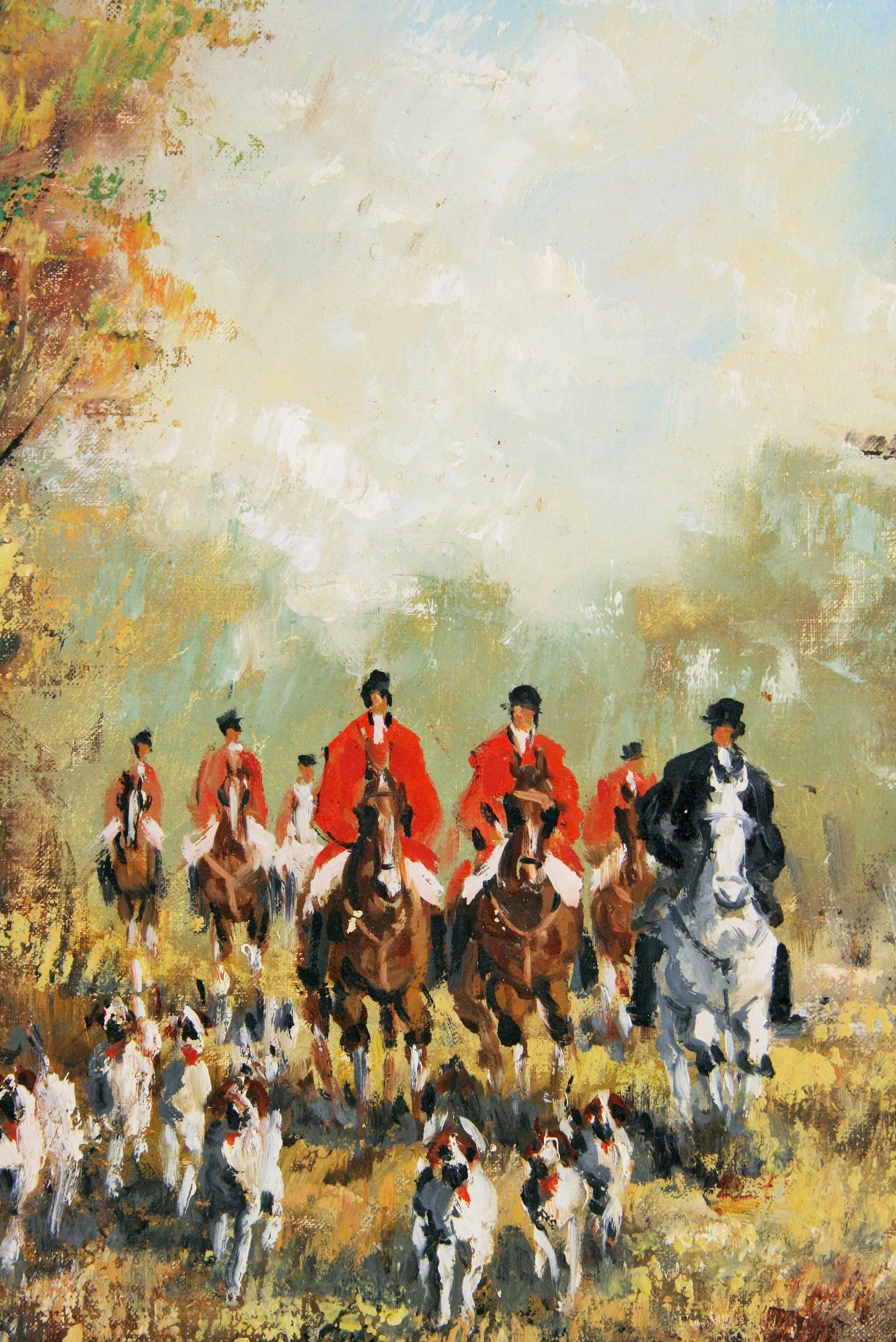 5-2501, fox hunting scene painting. Oil on canvas applied on a wood panel displayed in a dark wood and gilt frame.
Unsigned. Image size 13"; L x 16 "; H.