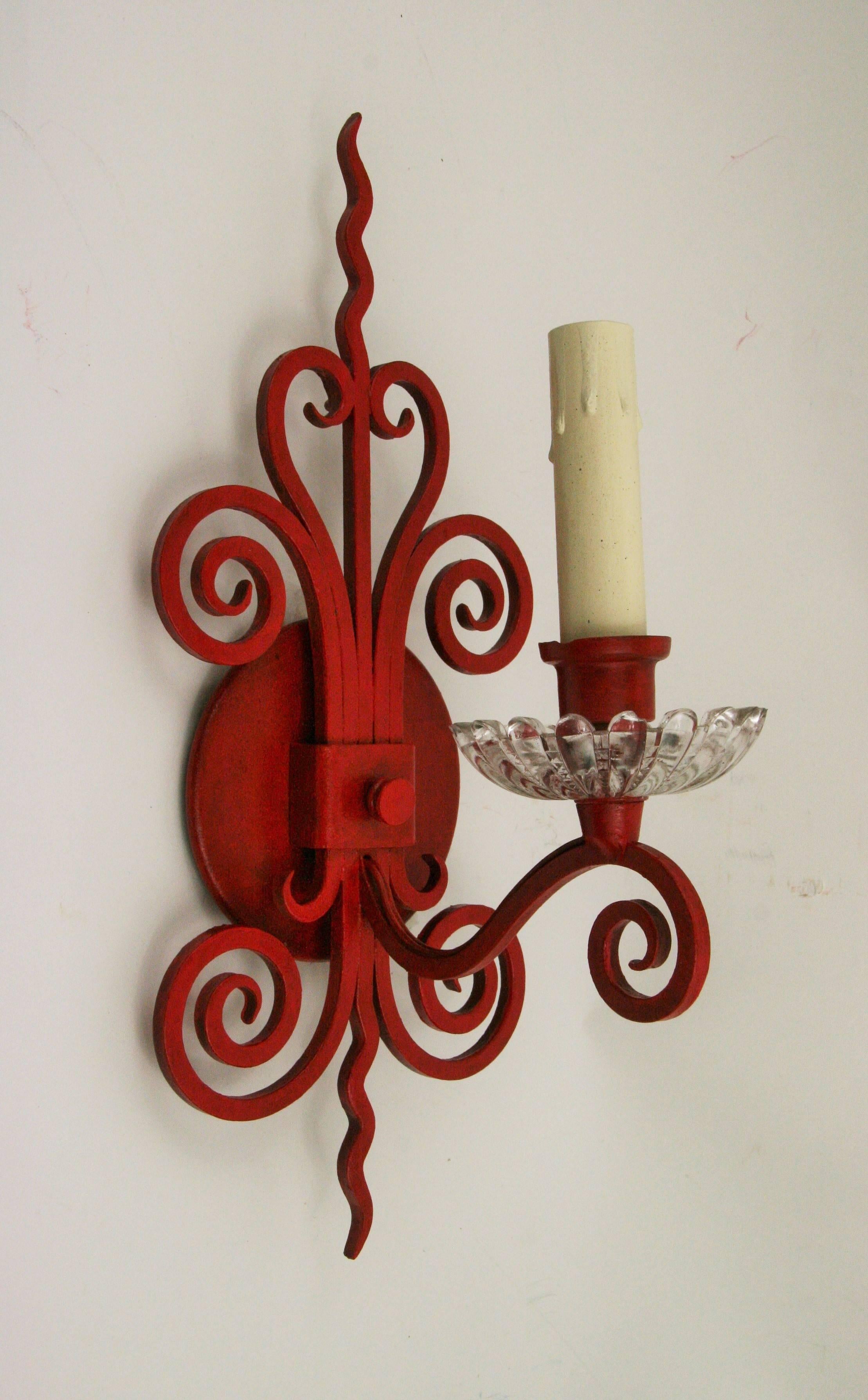 2-1804 Pair of French scrolled backplate hand-painted red sconces with weavy crystal bobaches.
Takes one 60 watt candelabra based bulb.