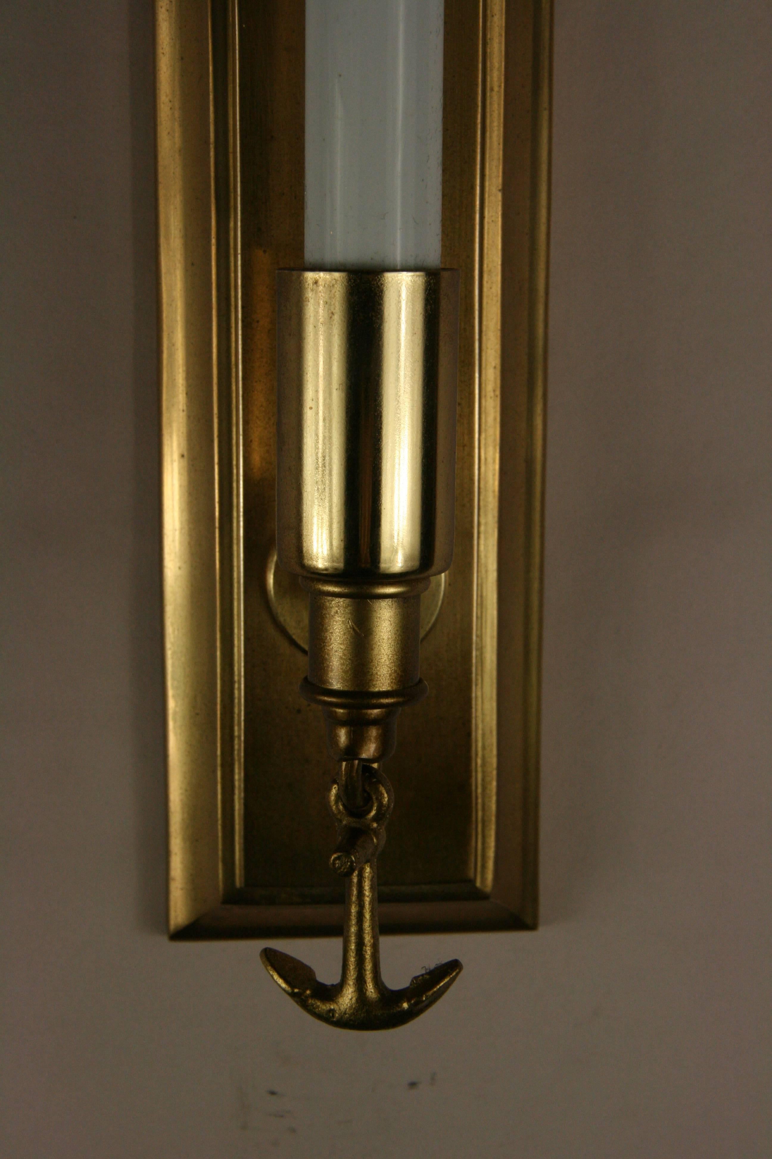 Mid Century Pair of Ships Anchor Nautical Brass Sconces In Good Condition In Douglas Manor, NY