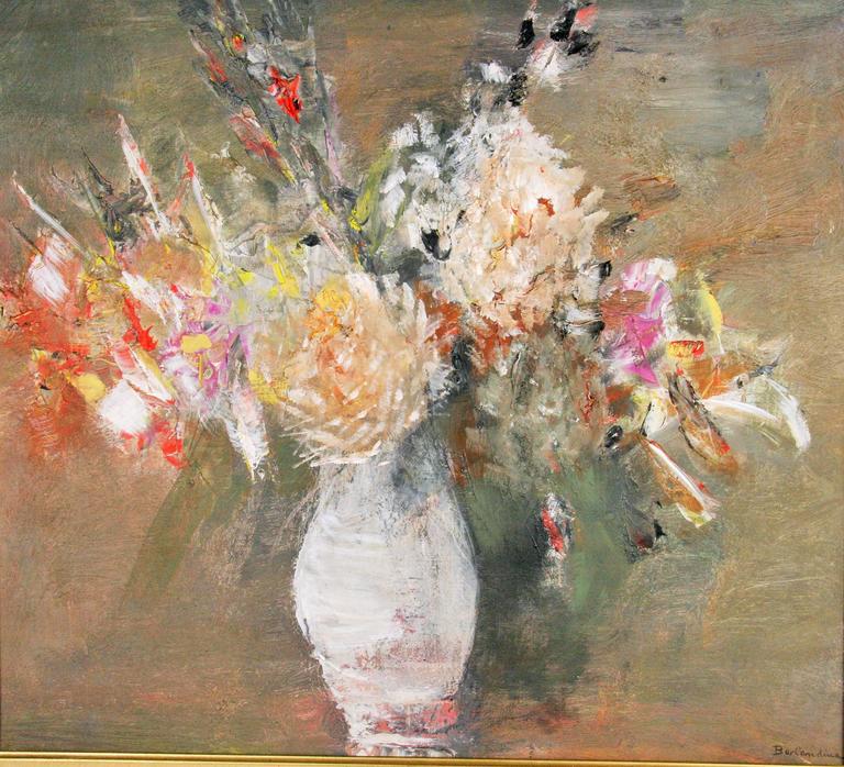 Impressionist Floral White Still Life   Painting 1940 In Good Condition For Sale In Douglas Manor, NY