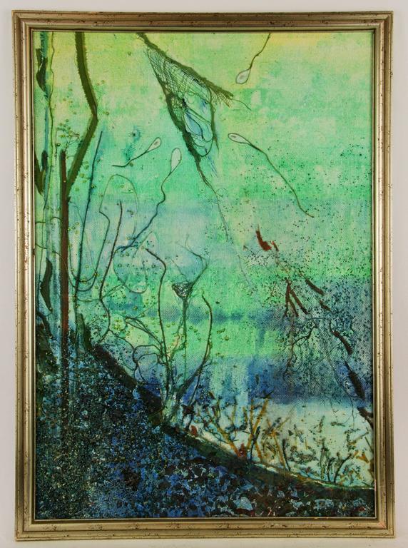 #5-2729, an undersea scene, mixed-media on canvas, displayed in a giltwood frame. Artist unknown. Image size 23 H x 15.5 W.