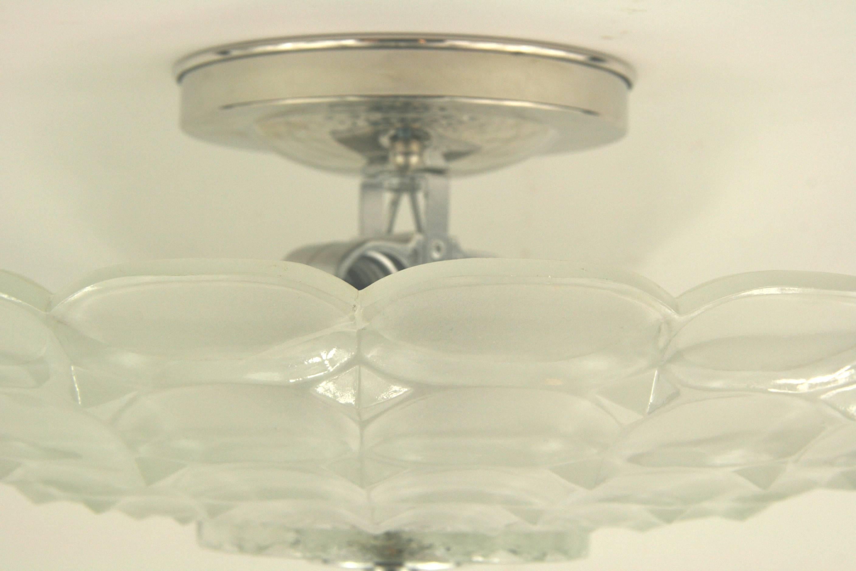 Deco Embossed Glass Semi Flushmount In Good Condition In Douglas Manor, NY