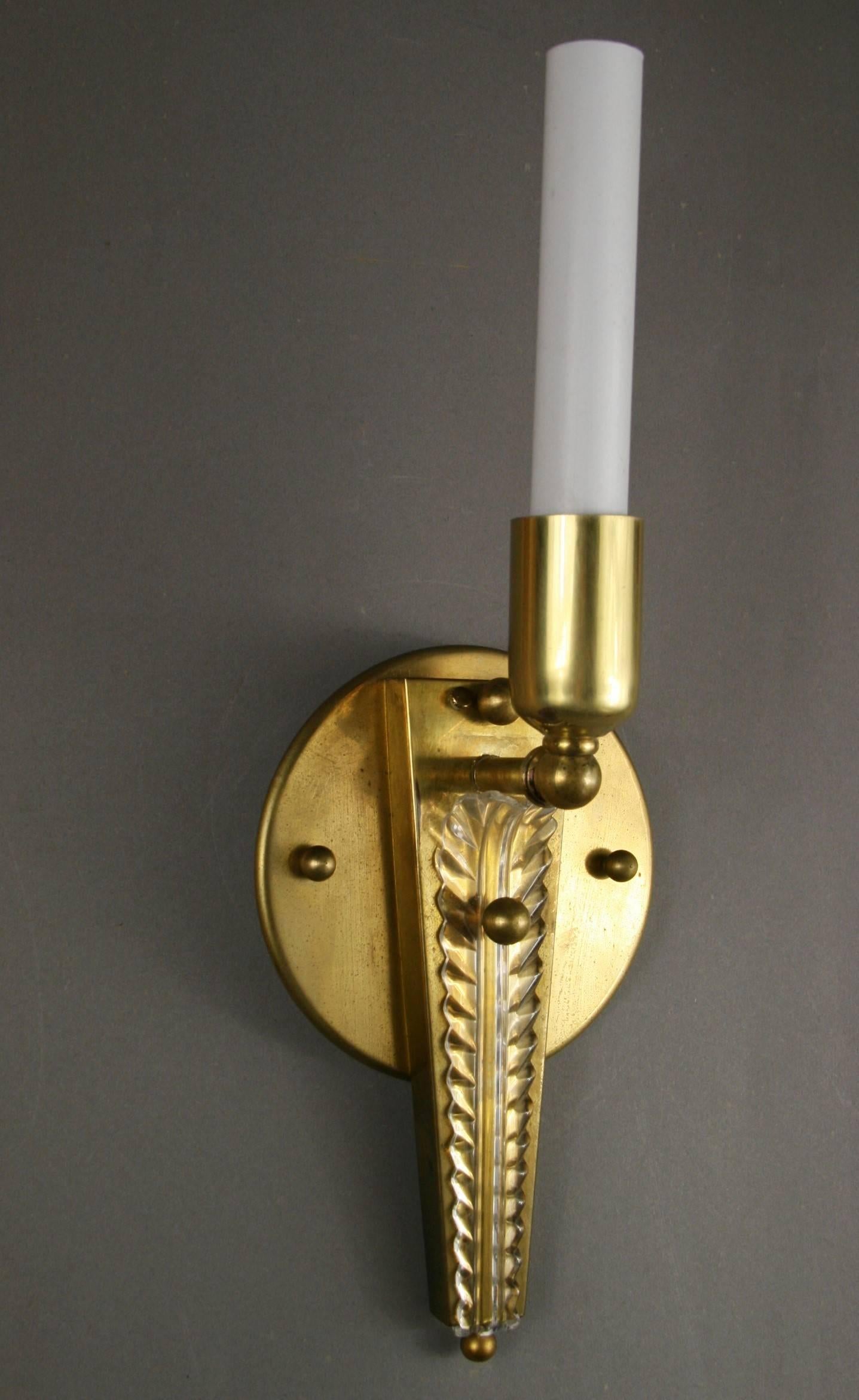  ON SALE Pair of French Mid Century  Brass and Acrylic Sconces In Good Condition In Douglas Manor, NY