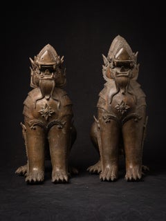 Pair of two antique bronze Temple Lions from Burma