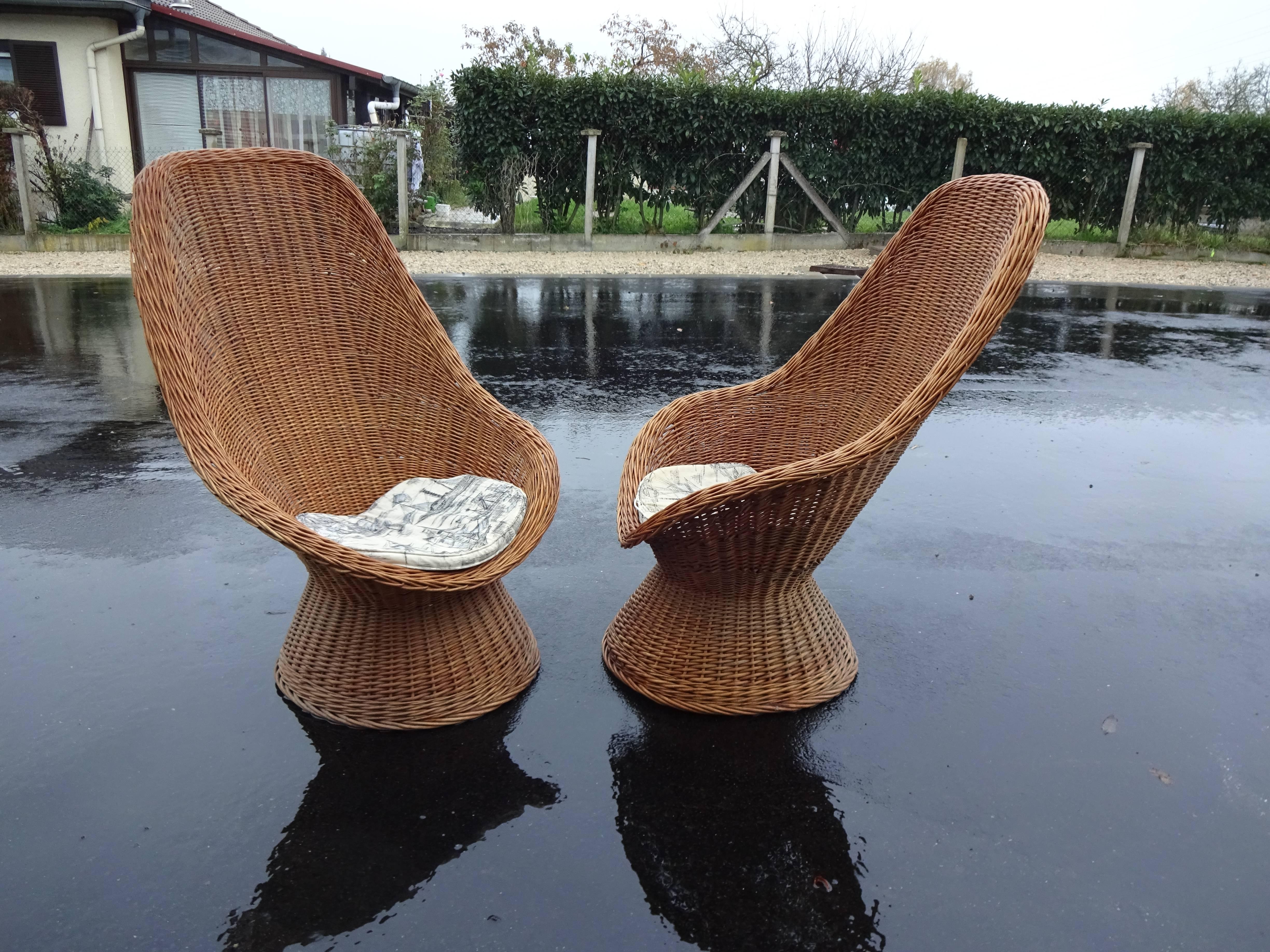 French Pair of High Back Rattan Armchairs
