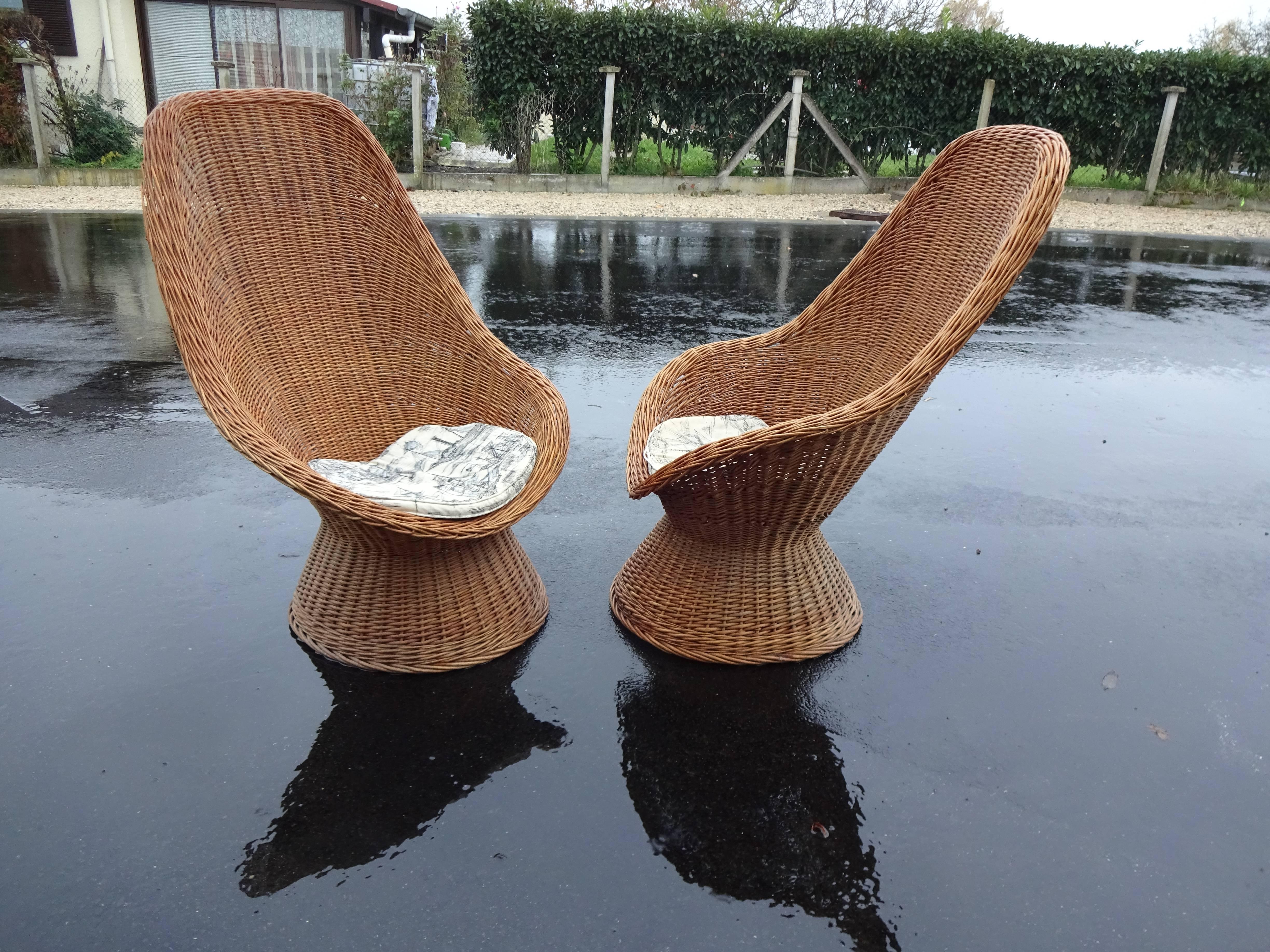 Brutalist Pair of High Back Rattan Armchairs