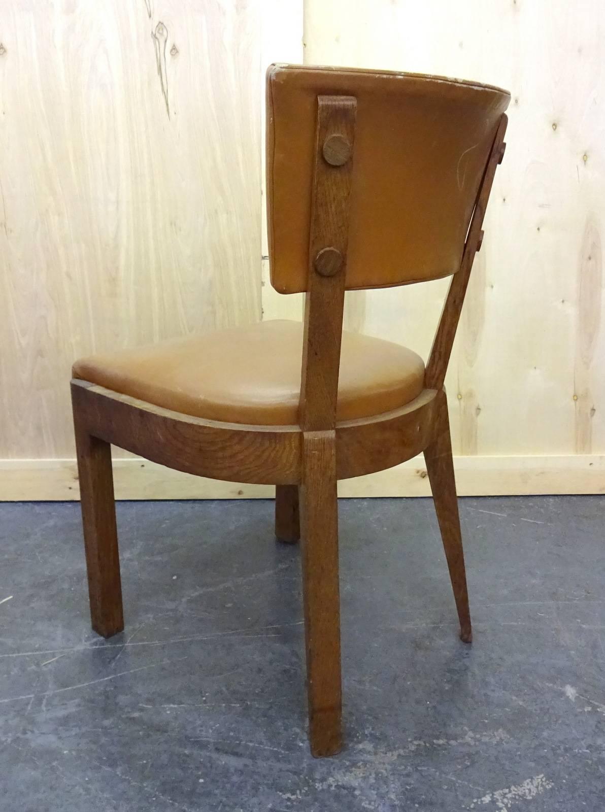 Chairs in original condition from the 1940s, leather in good vintage condition.
Two similar chairs available with velvet upholstery if you'd like a set of eight 
Located in Brooklyn
