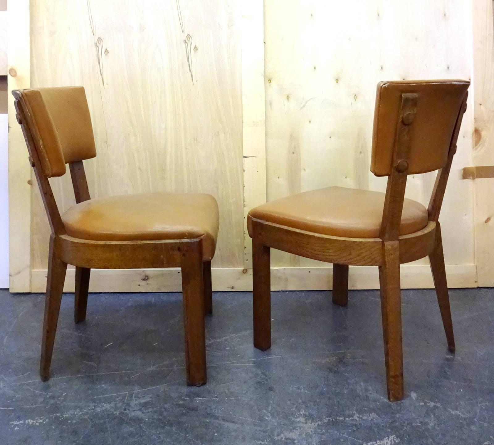 Oak Set of Six Dudouyt Leather Dining Chairs