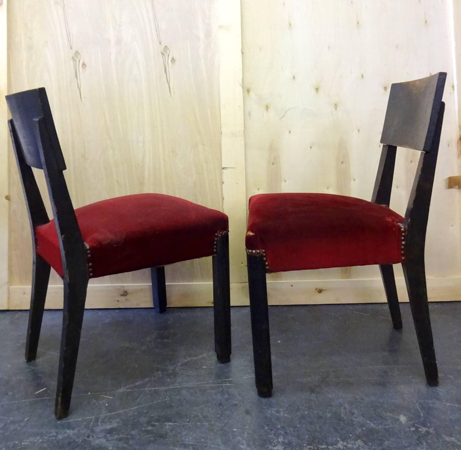 Art Deco Set of Four Blackened Oak Chairs by Charles Dudouyt