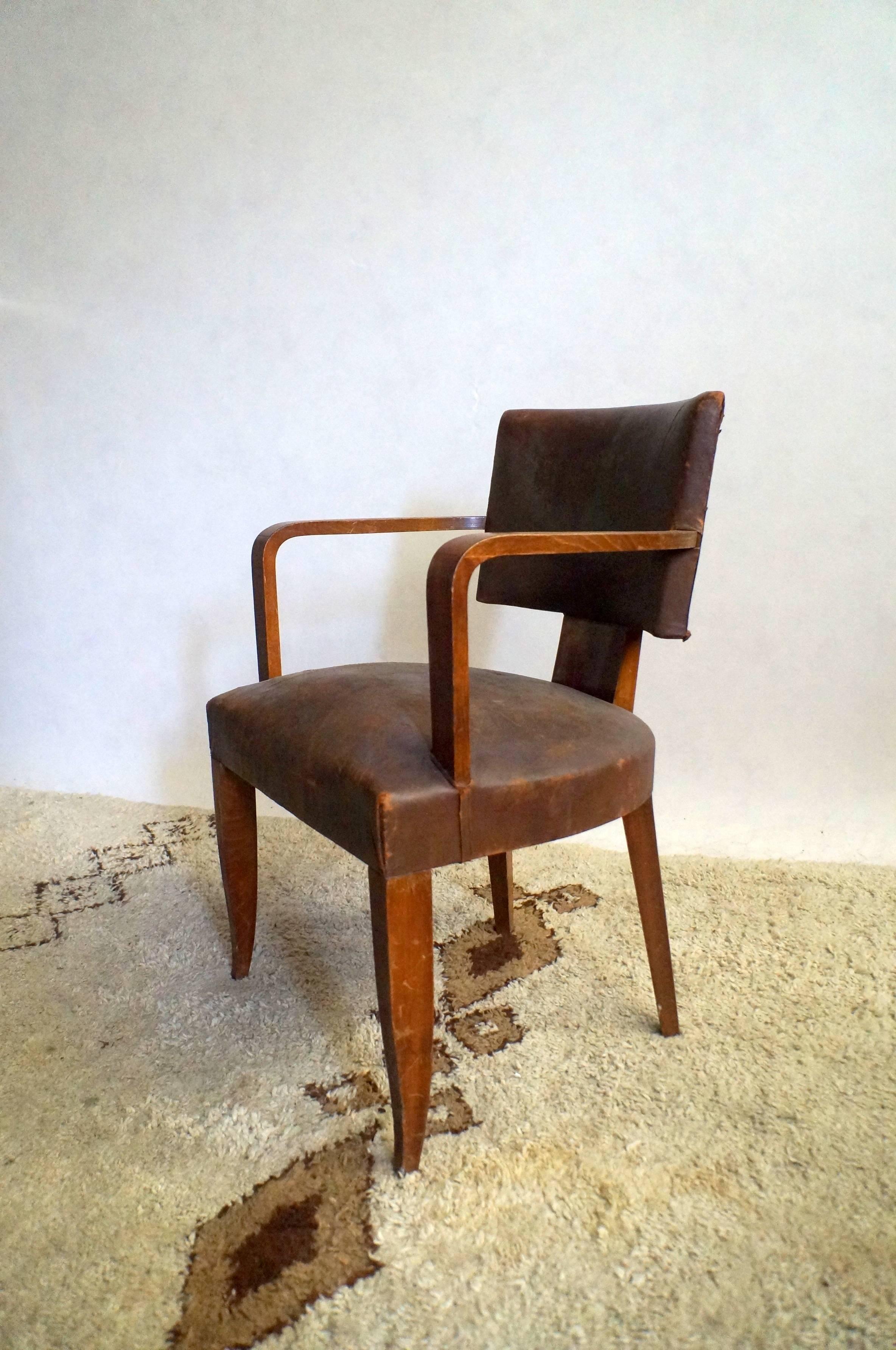 Pair of Art Deco leather bridge armchairs. Original condition.