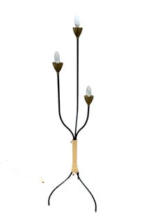 Französische Ständerlampe aus den 1950er Jahren mit geflochtenem Seil und Messingdetails
