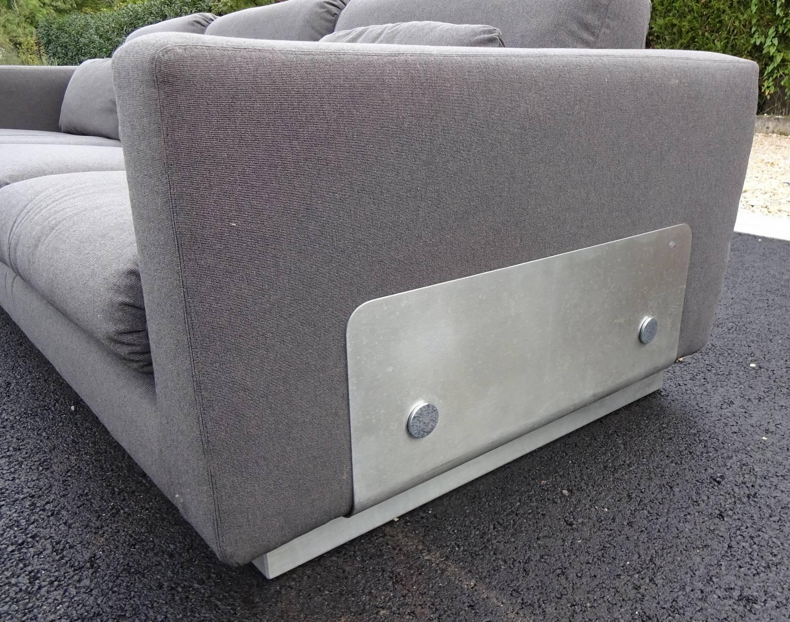 Mid-Century Modern Sofa with a Brushed Steel Base in the Manner of Michel Boyer For Sale