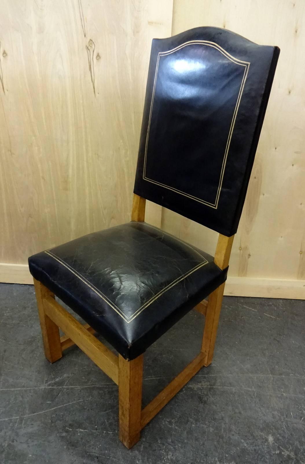 Oak Set of Four Leather High Back Chairs in the Manner of Jacques Adnet For Sale